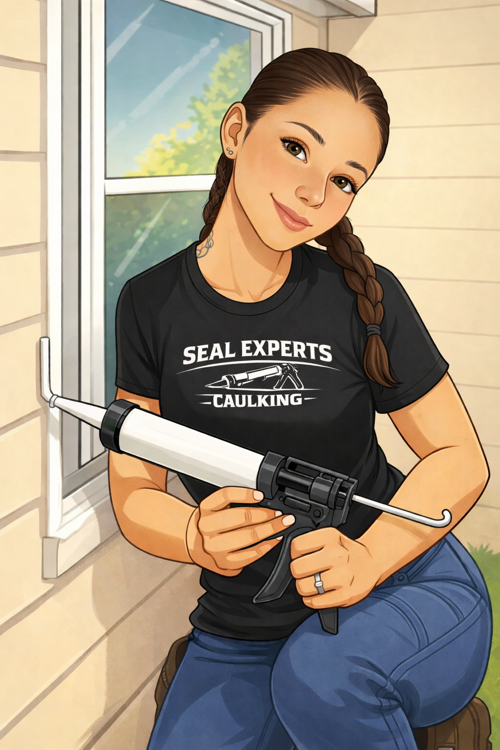 Seal Experts Caulking tradesperson applying silicone sealant around a window frame